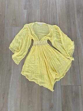 Jen's Pirate Booty Cotton Gauze Crochet Trim Mini Dress Balloon Sleeve Yellow S
